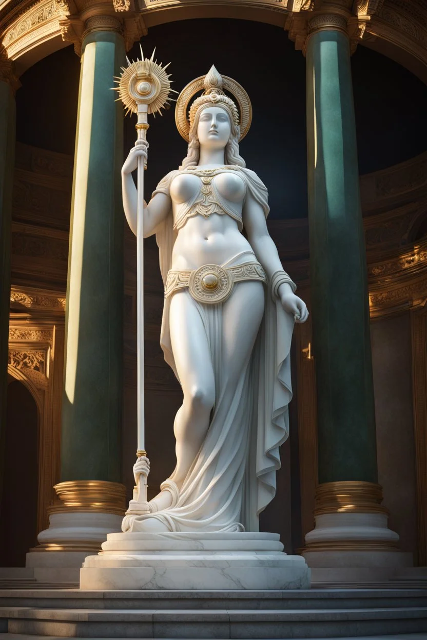 highly detailed marble and jade statue on a plint of the roman goddess of the sun. sun halo around head. beautiful face. beautiful legs. beautiful feet. big bosom. full body shot, volumetric fog, Hyperrealism, breathtaking, ultra realistic, unreal engine, ultra detailed, cyber background, Hyperrealism, cinematic lighting, highly detailed, breathtaking, stunning temple environment