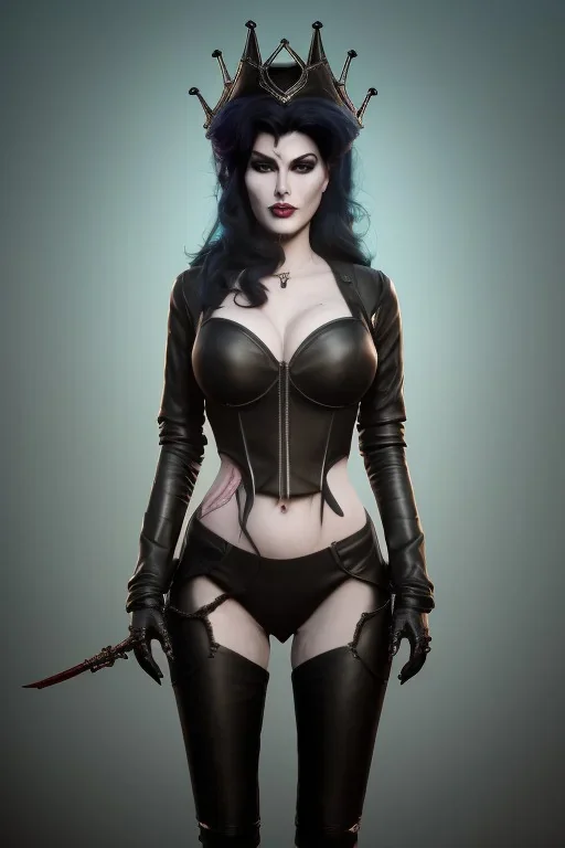Amy Dumas as evil queen in black leather, leather, busty, cleavage, angry, rage, stern look. character design by cory loftis, fenghua zhong, ryohei hase, ismail inceoglu and ruan jia. unreal engine 5, artistic lighting, highly detailed, photorealistic, fantasy