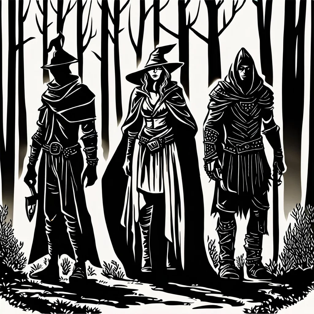 A group of four characters from a fictional book world. A witch, a gladiator, a thief, and an enchanter. The characters are in a dark forest. The characters are shrouded in mystery.