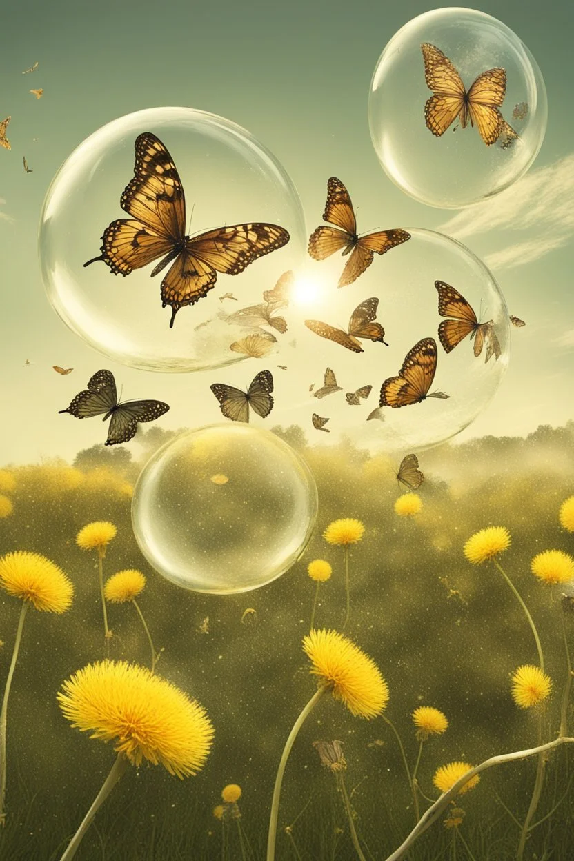 Butterflies in bubble blown up to the sky through a field of dandelions