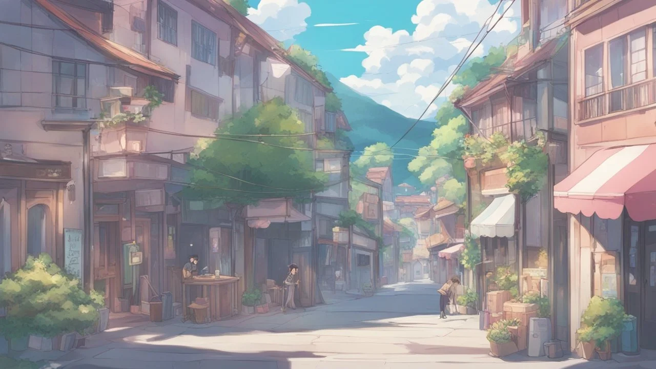 Beautiful anime town, cartoon, anime, lofi, pastel, cinematic, nostalgic, town