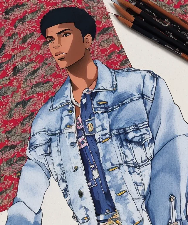 Fashion illustration, fashion drawing, Croquis, Hussein Suleiman, Jefferson Osei, Abderrahmane Trabsini, mudcloth fabric denim jacket, kente cloth, jeans, flare leg, African American model, Luke Edward Hall, red denim jacket, fringe