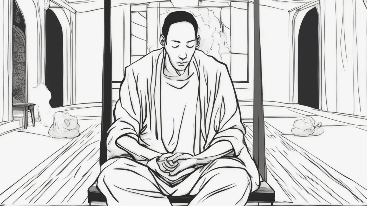 ، يظهر رجل جالس على كرسي في غرفة مظلمة. وجهه غير واضح، لكن يمكن رؤية عينيه مغمضتين. الرجل يرتدي ملابس سوداء، ويبدو أنه في حالة من الهدوء والتأمل.