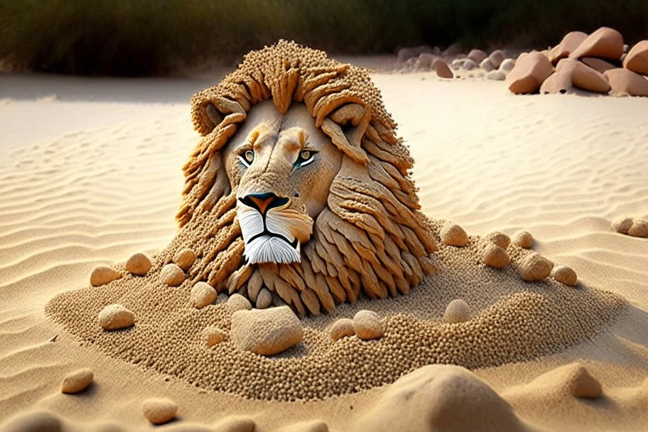 lion made of pebbles in sand