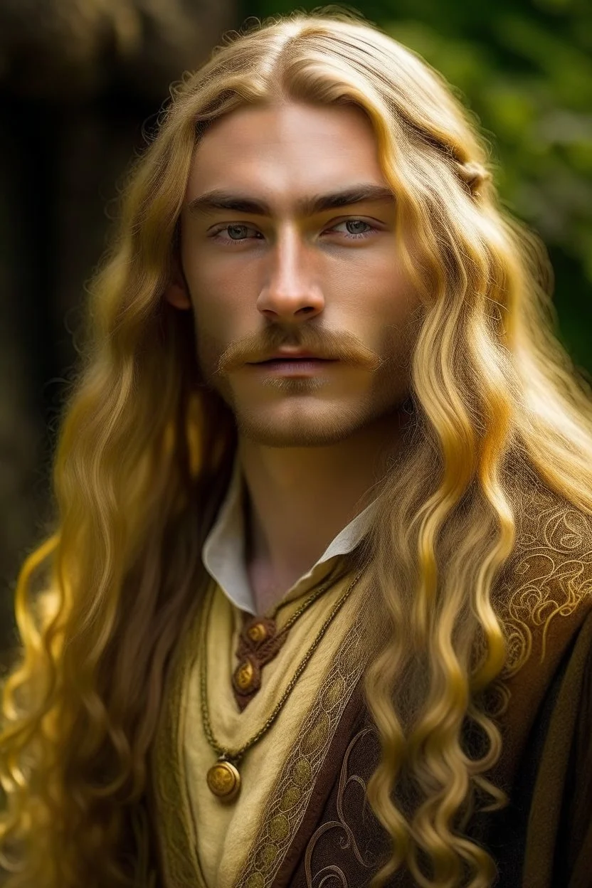 A young serene Lord Of The Rings like man with long golden hair that cascades gracefully. A short beard. His open eyes, with blind pupils, reflect a depth of wisdom and inner peace. A gentle smile graces his face, adding warmth to his tranquil demeanor.