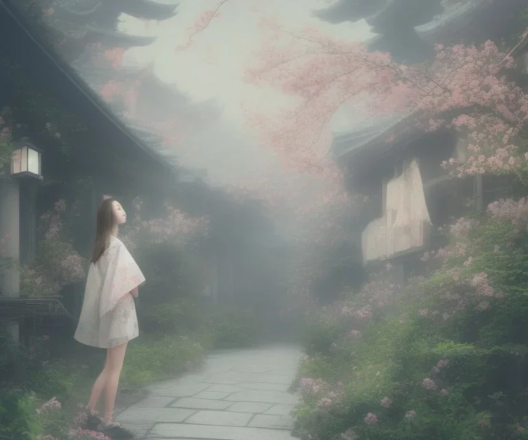 misty foggy area with a girl in a floral kimono in the middle of a bright japanese village at night