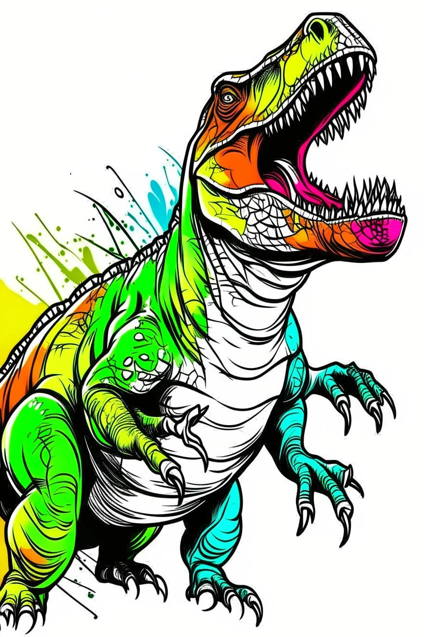 create a coloring page, white background Illustrate a T-Rex displaying its formidable size and strength by standing on its hind legs and bellowing loudly to deter intruders. T-Rex with vibrant colors to emphasize its dominance. ink drawing clipart, simple line illustrations, colored