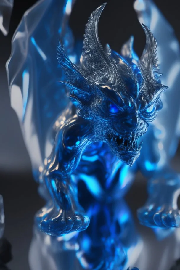 transparent gemstone gargoyle, in blue fire chrome casino, high detail, 8k, cinematic, depth of field, art