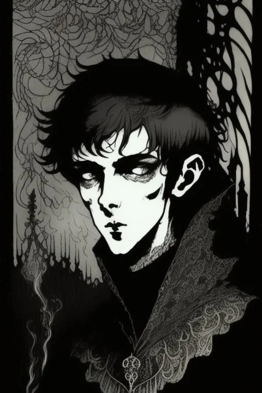 17 year old boy, necromancer, friendly, looks dead, surrounded by weird smoke with eyes, wearing black robes, in the style of Harry Clarke