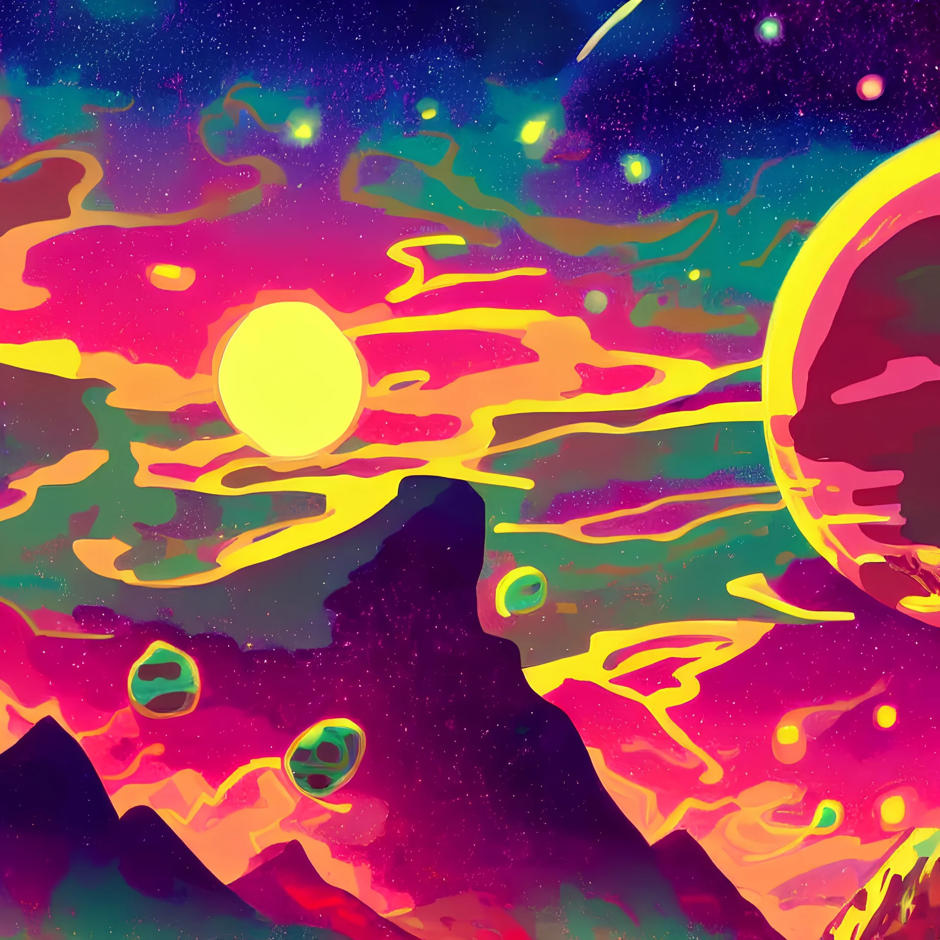 abstract amazing new planet from a different galaxy with beautiful mountains and nature and amazing sunset hues beautiful star and swirling galaxies North lights vibrant and colourful Rick and Morty