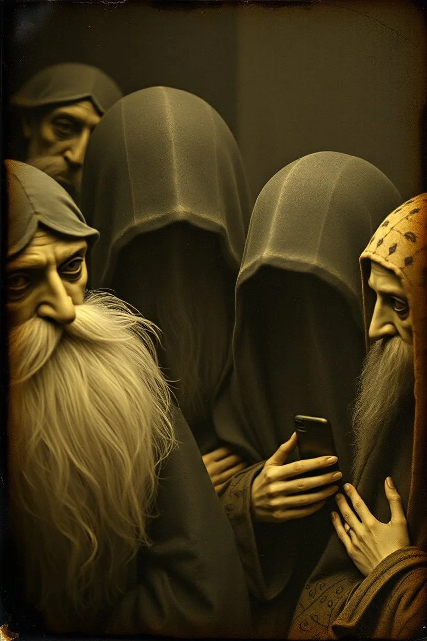 Daguerrotype close up some mysterious figures, odd background, Hieronymus Bosch, ambient light, by Minicavio Quollati and Marlost Endgulp, Amano, Botticelli, Alphonse Mucha