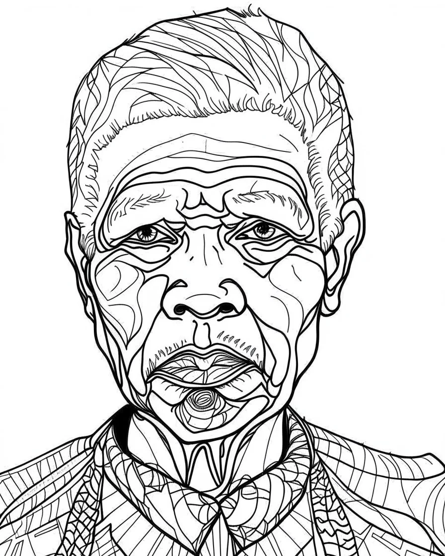 create and image of Nelson Mandela, simple line art, one line, white background, coloring book style, well composed, no gradient, strong line, no fill, no solids, hand drawn