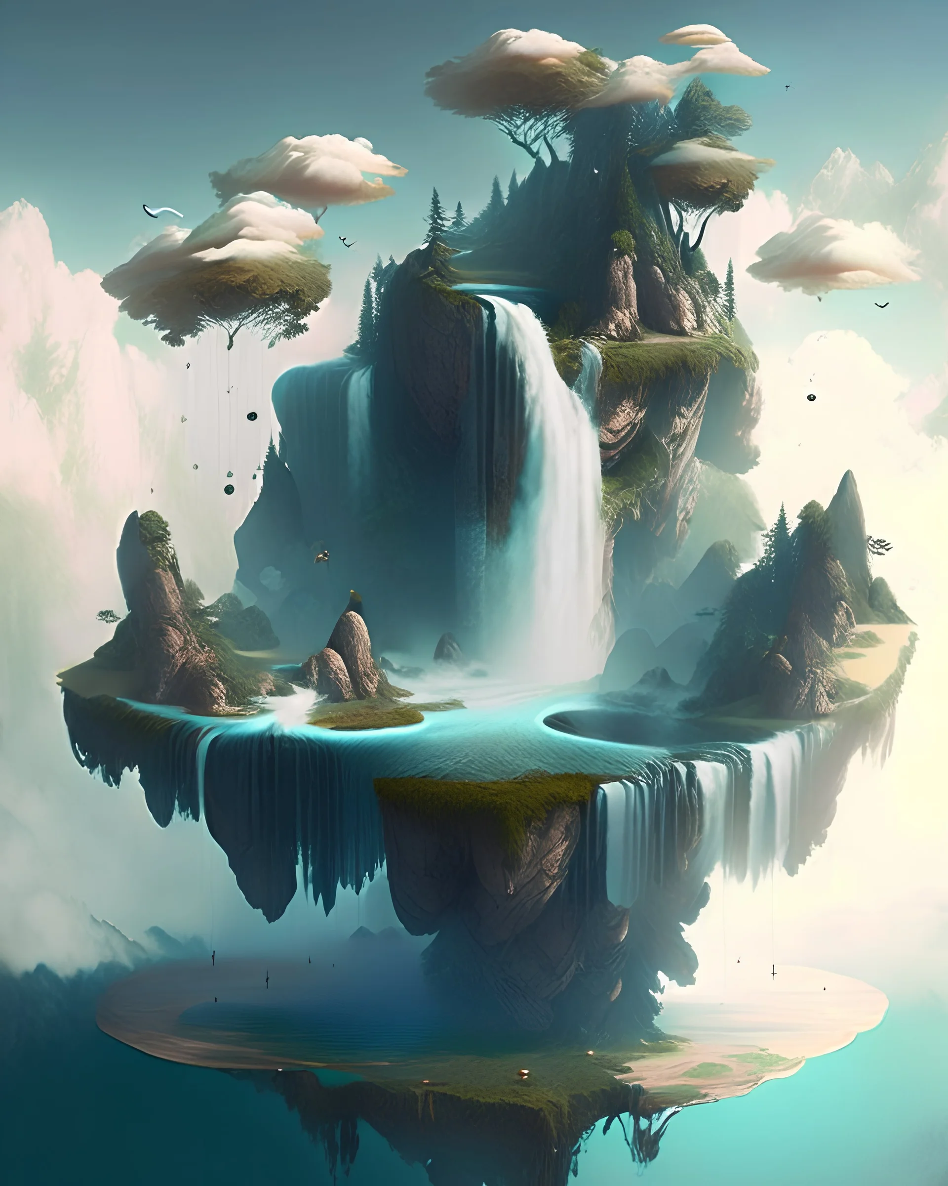 A dreamlike floating island with waterfalls that flow upwards.