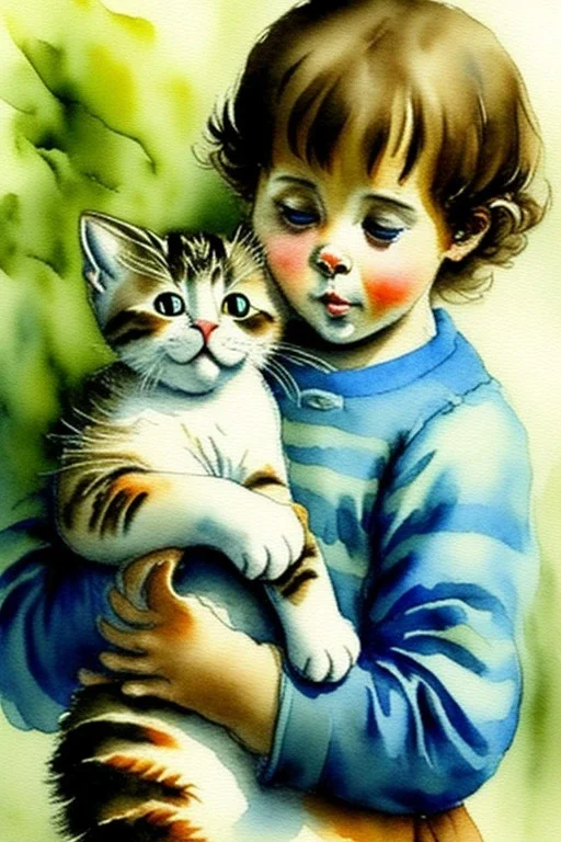 A cute cat is holding a kitten. Watercolour