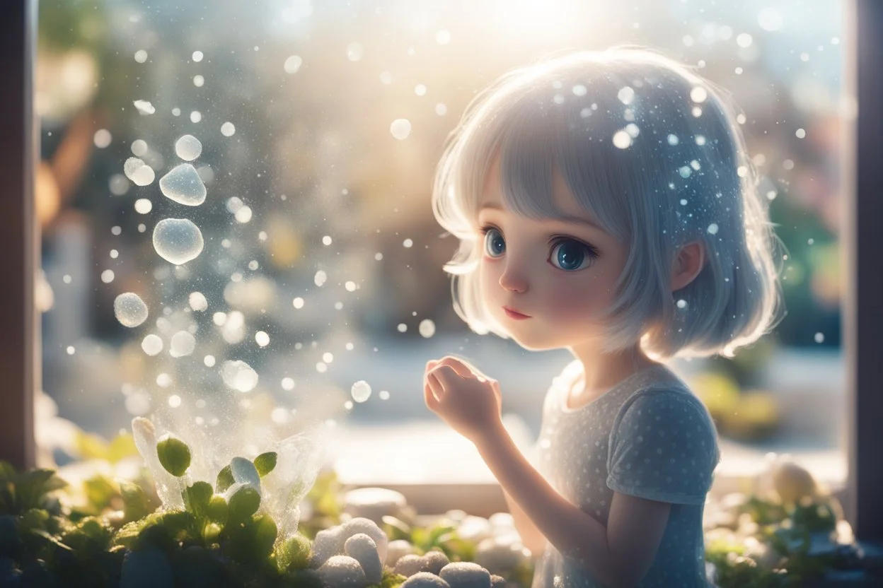 double exposure, only dots and pebbles, cute chibi anime girl, fountain, garden, ice flowers on a window in sunshine, backlit, ethereal, cinematic postprocessing, bokeh, dof