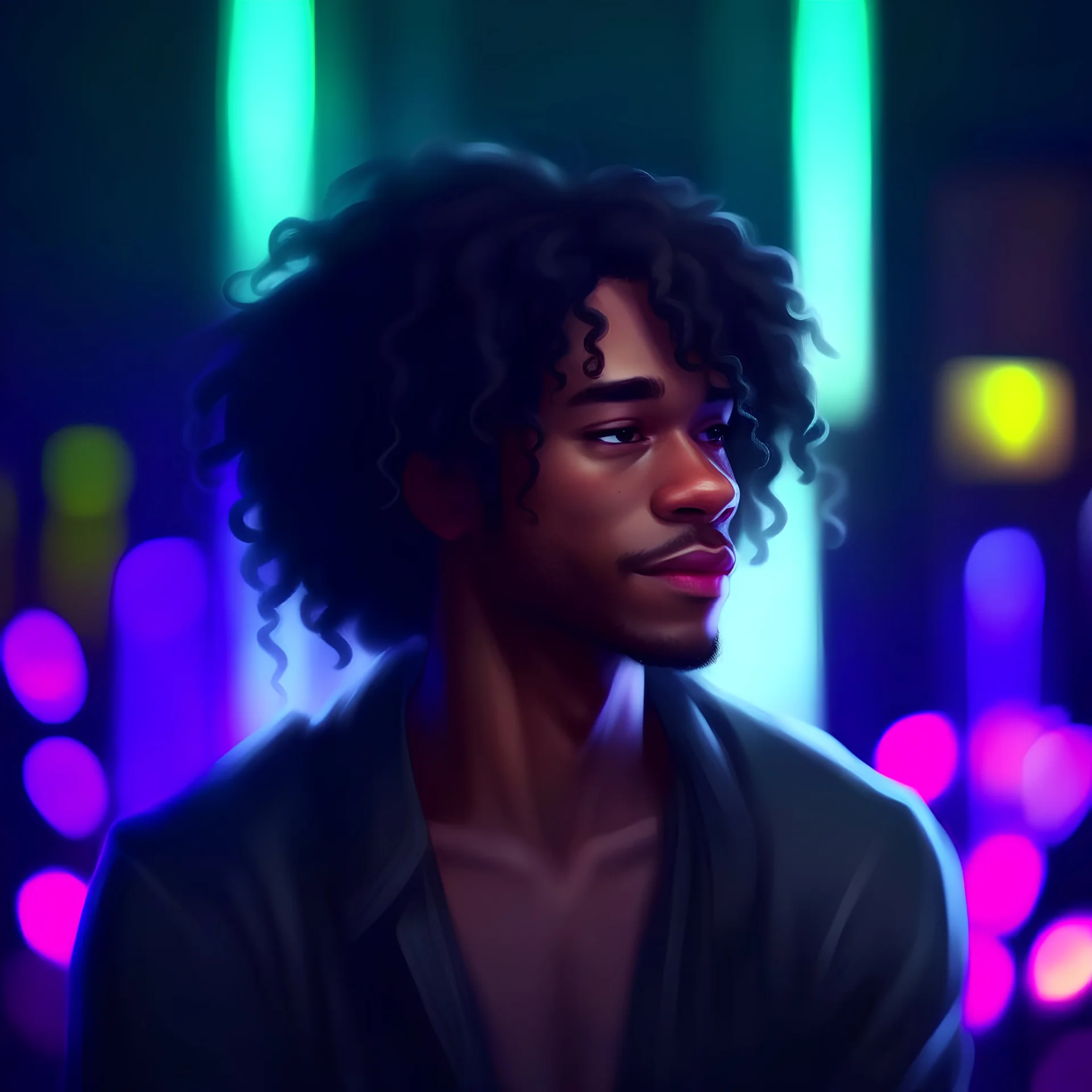 illustration art style black man long curly hair indoor background bokeh