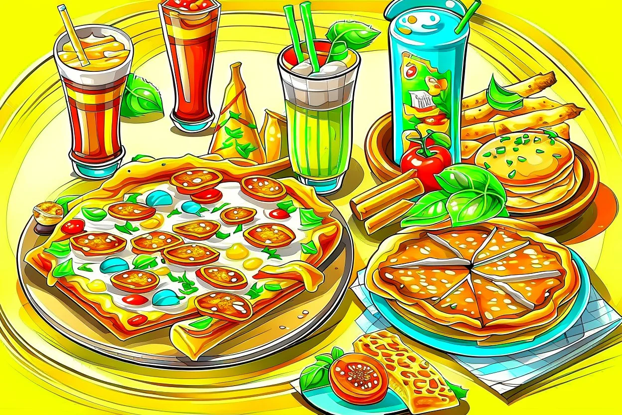 Pizza, sandwich, baguette bread, french fries, pizza cheese, soft drink and sauce