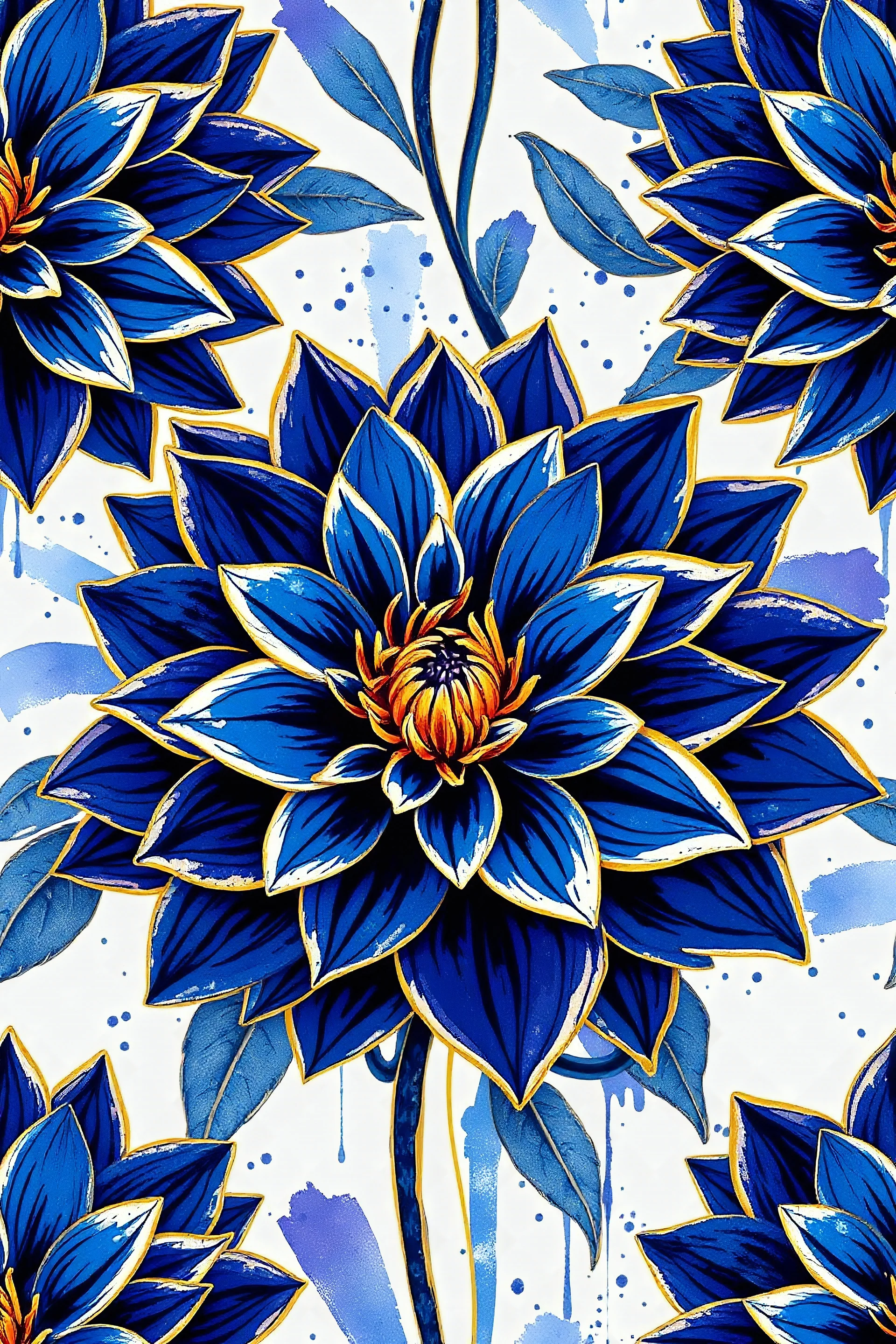 blue lush Dahlia flower vibrant brushstrokes. Use alcohol ink splatter for dynamic elements. 8K, with golden thin outlines Add an Art Nouveau aesthetic seamless pattern on white backgound