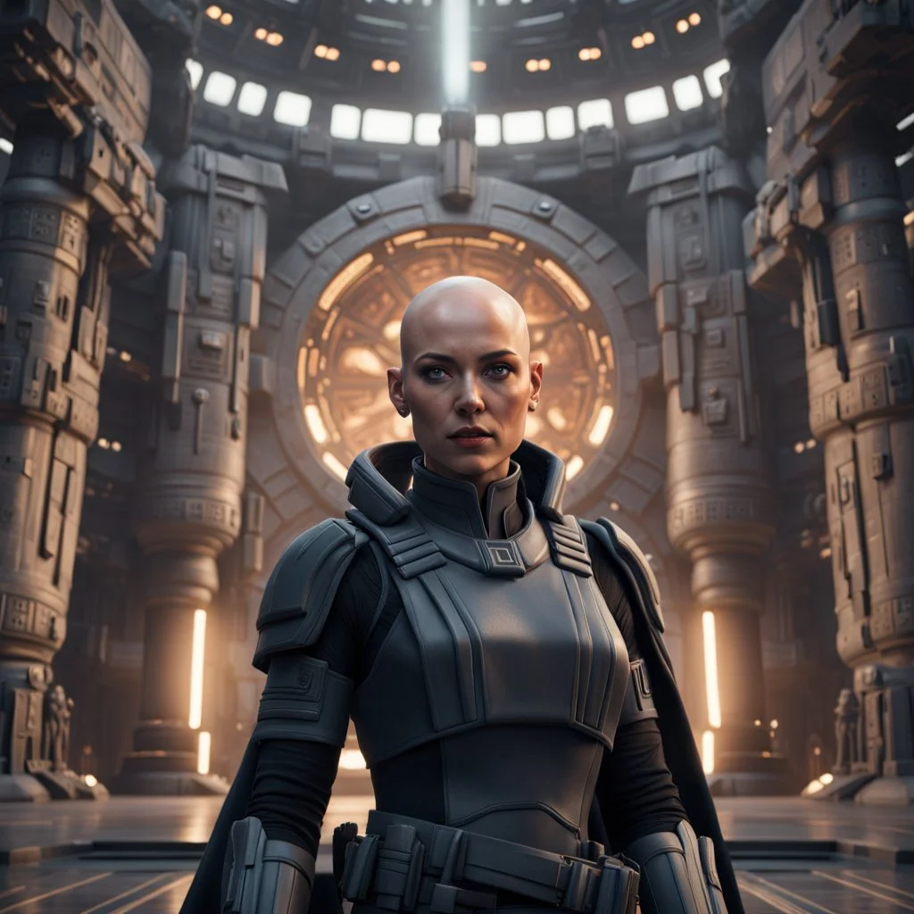 a bold and heroic bald male Corellian pilot in black and metallic grey First Order special forces gear meets a female Jedi Master in ancient, mystical temple, hyperdetailed, dynamic lighting, hyperdetailed background, 8k resolution, volumetric lighting, light skin, fully symmetric details