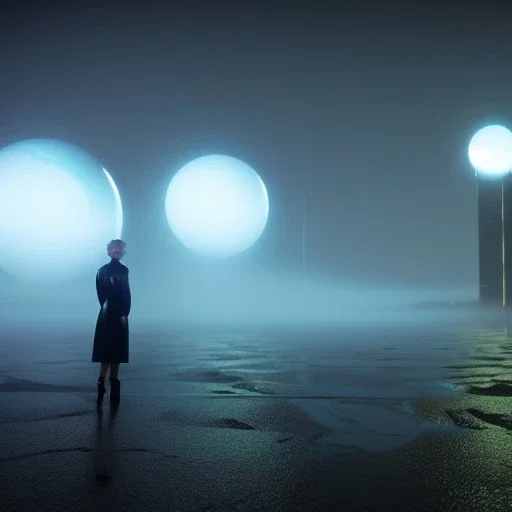 Ultra Realistic retro sci-fi 1960 scene, waist up view portrait, blonde woman, sweet young Marilyn Monroe face, perfect iris, tight latex coat, alien planet background, tight style, steel sphere dron levitating, fog, rain, soft color, highly detailed, unreal engine 5, ray tracing, RTX, lumen lighting, ultra detail, volumetric lighting, 3d, finely drawn, high definition, high resolution.