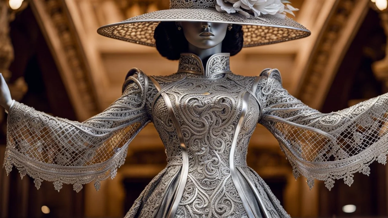 a hollow female figure in made of silver metal lace long renessince dress with hat, hollow metal statue, upscale, stunning, masterpiece, perfect lights, intricately detailed, sharp focus, cinematic