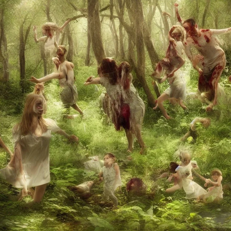 a creepy family stained with blood eating a raw bloody lamb and dancing at a beautiful serene little river in a sunny green forest in spring, flowers, sunlight, bokeh, hyper realistic, unreal engine, 8k, ultra high resolution, realistic, photo, sunlight, dramatic, oil paint, unreal engine, hyper real, ultra high resolution, 8k, lsd, acid, psychedelic, picknick, blood on face and hands, bloody, creepy, dancing, video game, mist, light rays