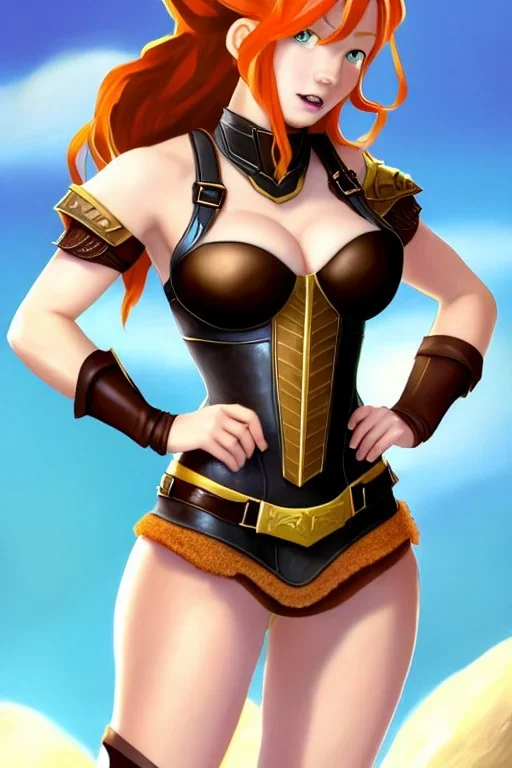 In the style of Dreamworks, concept illustration, super-detailed, beautiful teen female, 16 years old, long ginger hair, medium freckles, full lips, full body, full face, b-cup breasts, athletic, centred camera, ignore NSFW, skimpy brown fantasy leather armor, halter top, micro thong, knee-high leather boots, open leather tasset, stern expression,