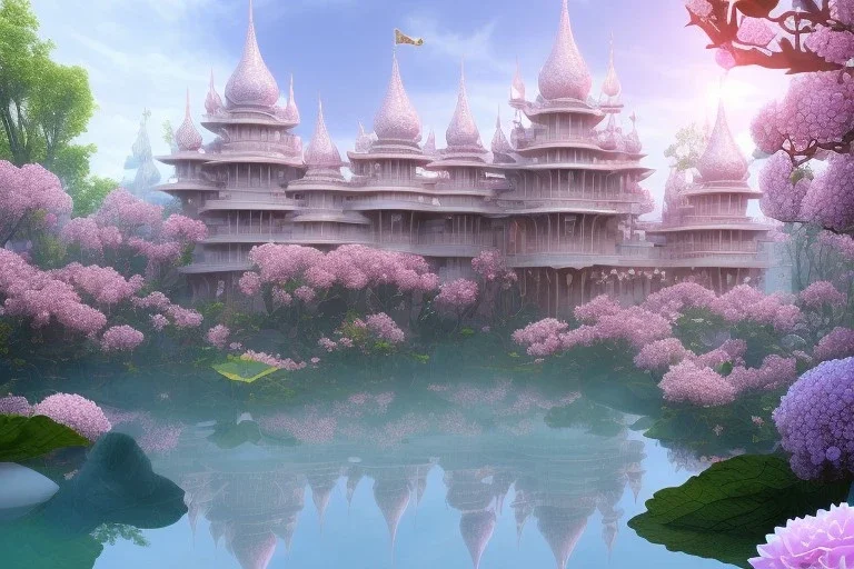 a magical crystal flower lotus magnolia lys bougainvillier, blue gold house indian palace castle in the woods, magnolias pink,blue lake,sun,white swanns,pink vertical, blue lake,sharp, vines, candlelit, endor, ornate, elegant, highly detailed, artstation, concept art, smooth, sharp focus, illustration, 8k, splash art, wallpaper, key visual