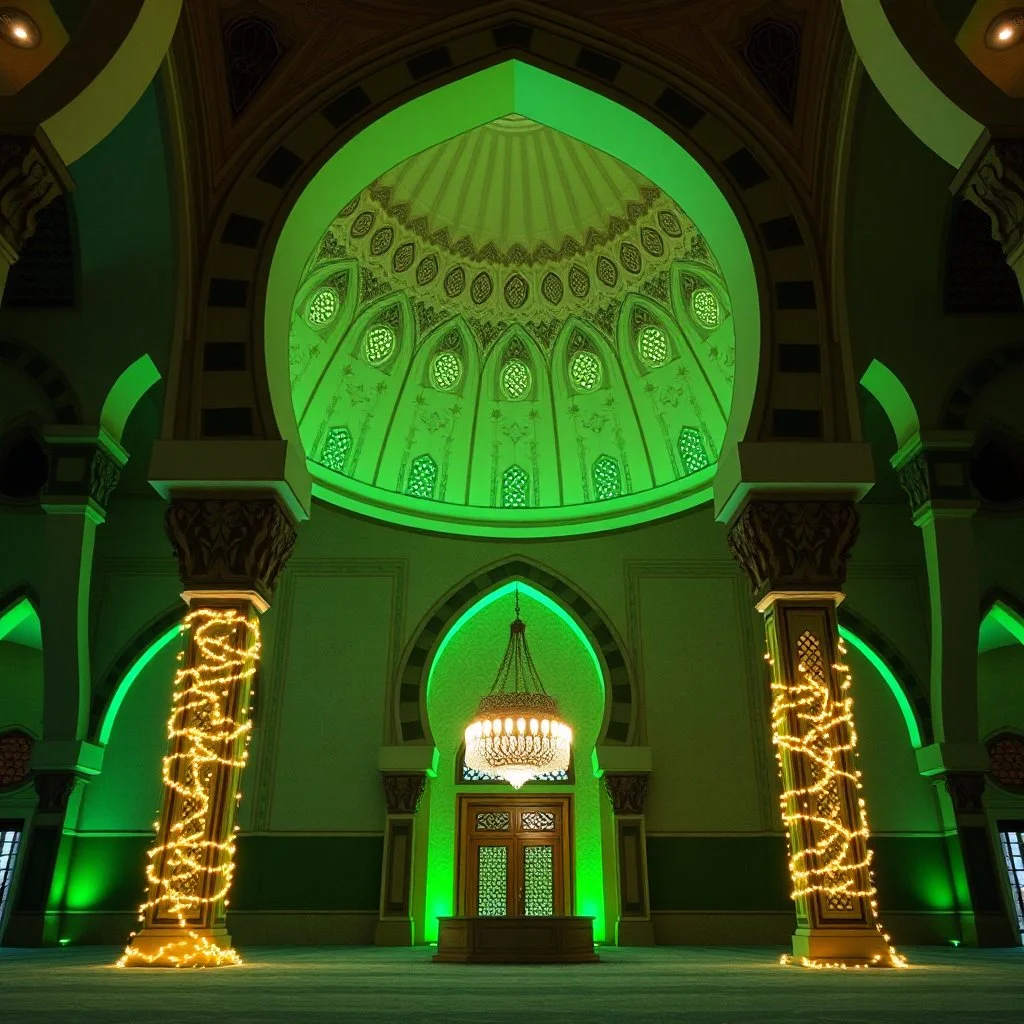 A Dark Green, Light Green & White Aesthetic Looking Islamic Architecture Mosque Interior Crafting Pattern At Night Decorated With Garland Lights.