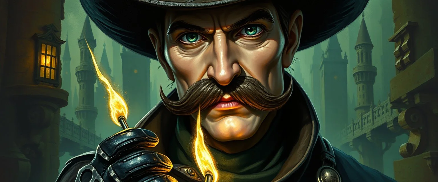 oil paint and airbrush, upper body portrait of clever crow vintage mustache assassin thief quickling juggler man in then elven magical green city of Forgotten Realms, myth drannor, in the style of fallout 4