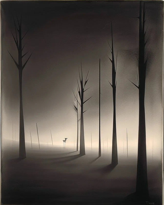 Dark street night figure fog odd Yves Tanguy spooky trees colors