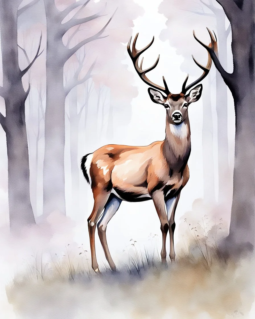 deer with antlers standing sideways, looking at viewer, realistic water color painted, among light colored tall simplified tree trunks, foggy, pastels, colorful, dark background