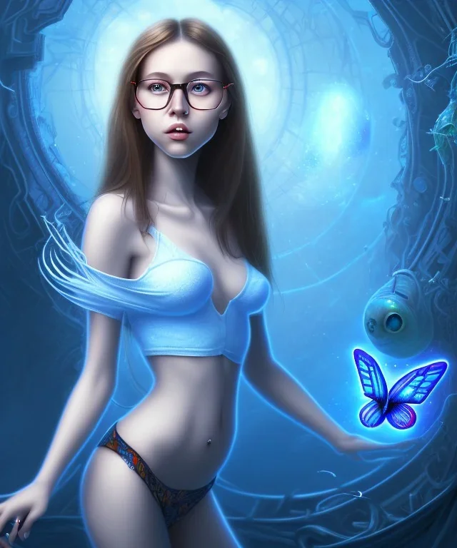 Dibujo escena de una mariposa de los abismos en el fondo, aparece una adolescente con gafas y un perrete azul. sexy full body