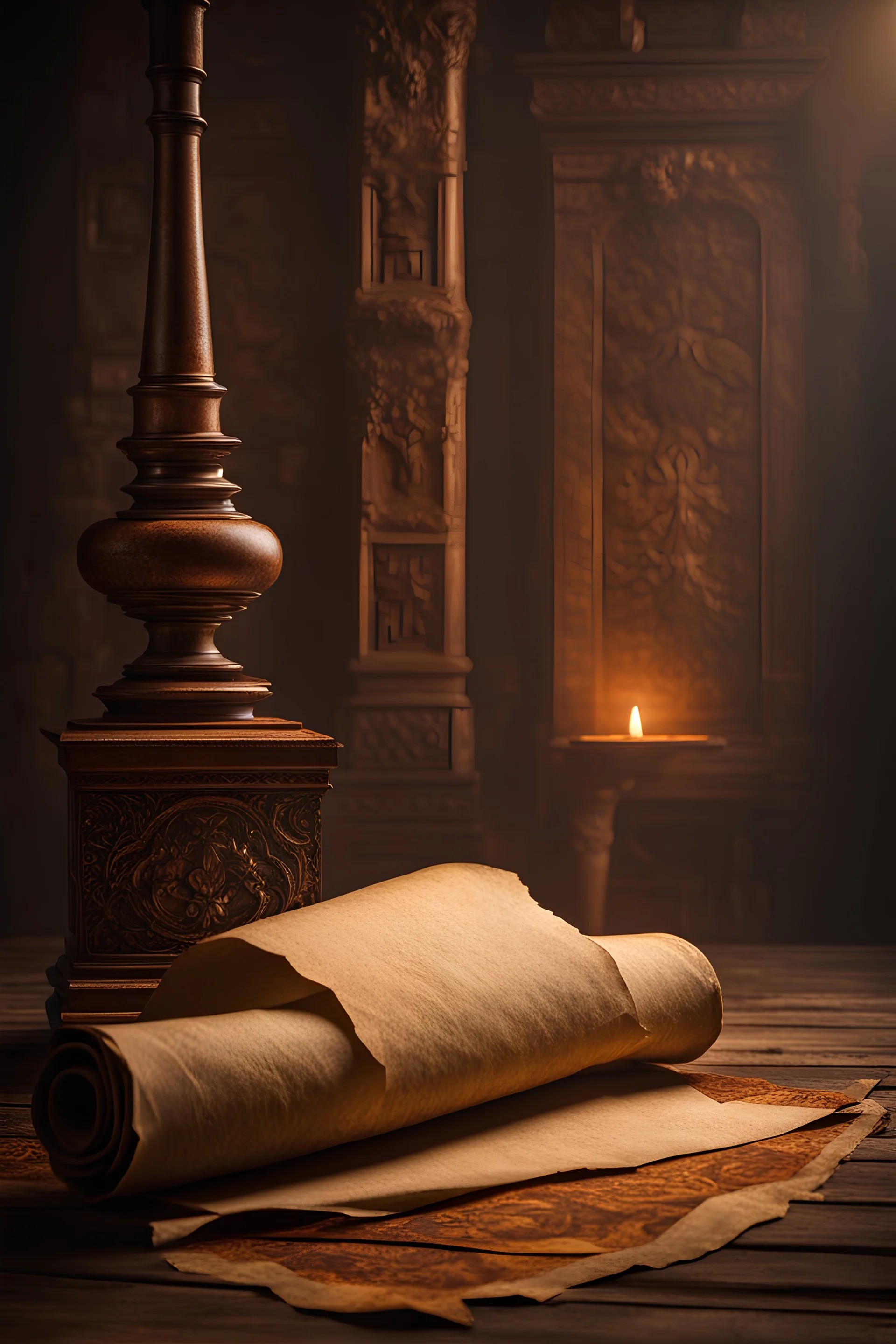 An incredibly detailed Antique Parchment paper scroll hanged from top, antique, rusted and broken edges, Antique Dramatic ambience, Dynamic Lighting, Antique creative concept design, rives texture, amazing details, cinematic lighting, Antique objects in the background, art temple realistic, dynamic, shadows, Art station, concept design art, surrealism 4k resolution art, Photo Realistic, intricate and highly detailed, 8k resolution, sharp focus,