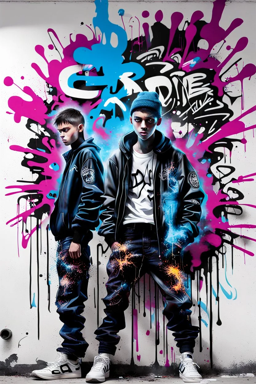 graffiti painting art, high reality of a cyberpunk boys and with text "Addie".On wall, photographer, explode, white background.