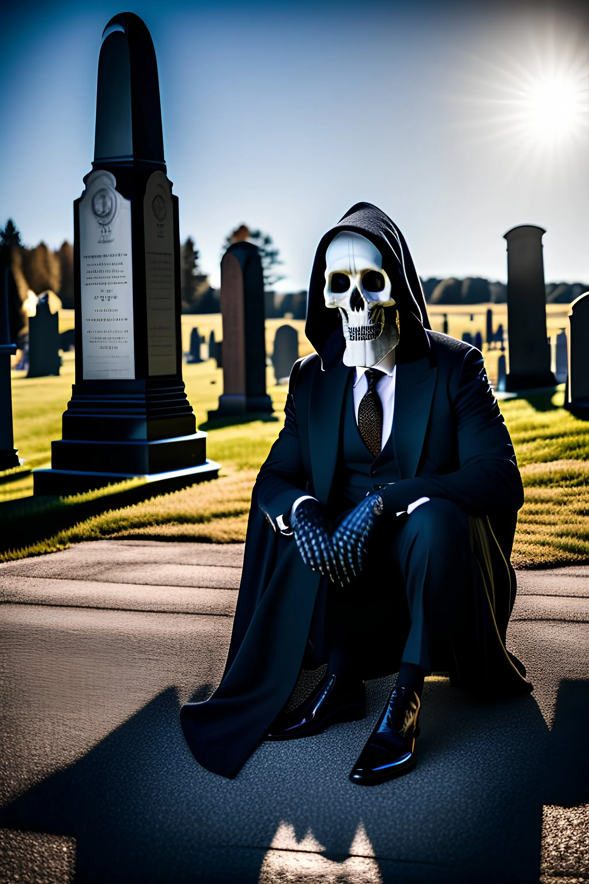 photo of a hoodless grim reaper wearing a suit, highlighting shiny areas of the skull, sitting outside a cemetery with a welcome sign, wearing suit, rim lighting, studio lighting, looking at the camera, dslr, ultra quality, sharp focus, tack sharp, dof, film grain, Fujifilm XT3, crystal clear, 8K UHD, clean, orange evening lighting