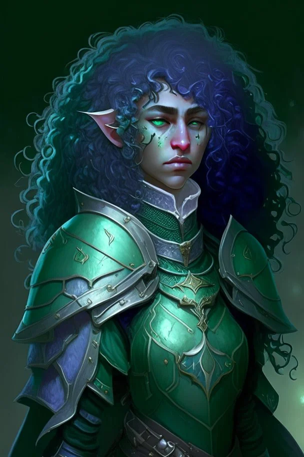 Female moon elf twilight cleric in dark green armour with blueish curly hair and white eyes