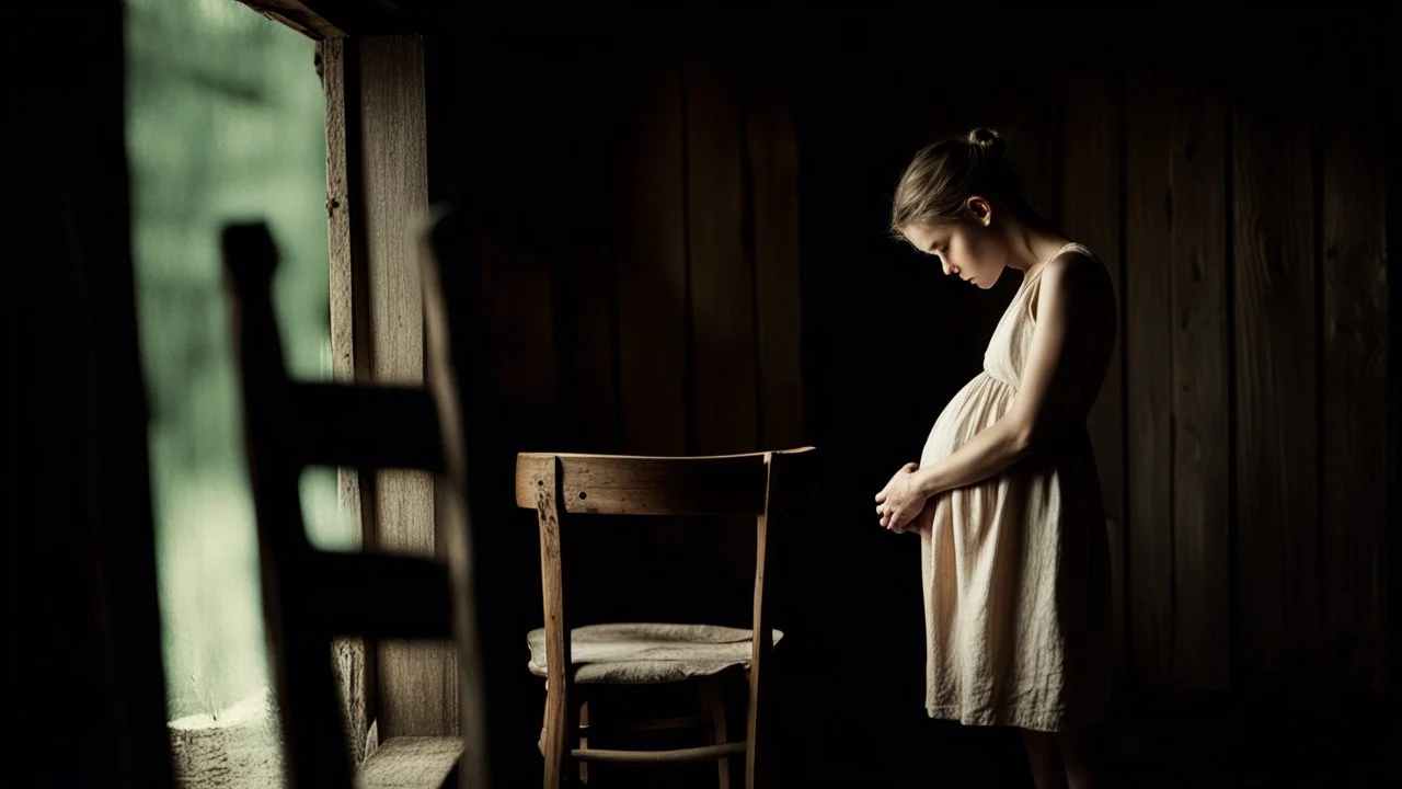 back to camera a young dark blonde pregnant girl leans on the back of an old wooden chair in linen dress, half standing, painful, sad, dark mood, small, old poor country room in a hut, little light, one little windows, dark shadows, detalied, sharp focus, high realistic, perfect photo