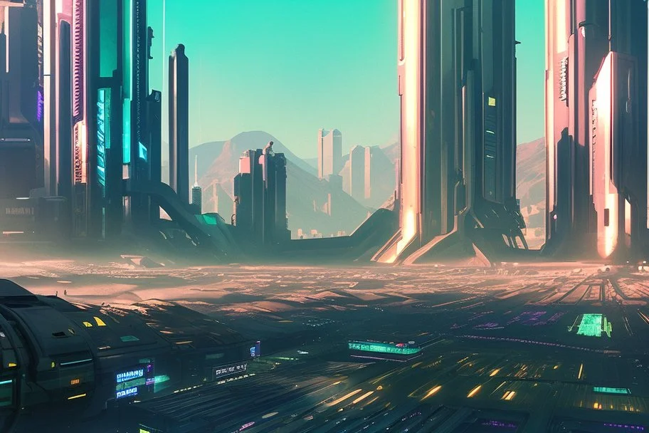 cyberpunk city, sunny day, valley, mountains, sci-fi, epic