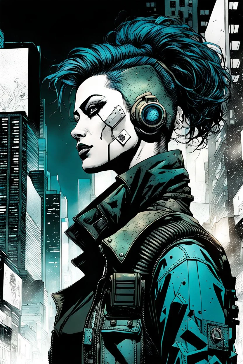 create a negative and juxtaposed illustration of a female cyberpunk private detective with prosthetic arm in flak vest, with highly detailed , sharply defined feminine facial features, in a chaotic, turbulent, otherworldly Tokyo in the graphic novel style of FRANK MILLER, and BILL SIENKIEWICZ, precisely drawn, inked, with dramatic edges, chiaroscuro ,