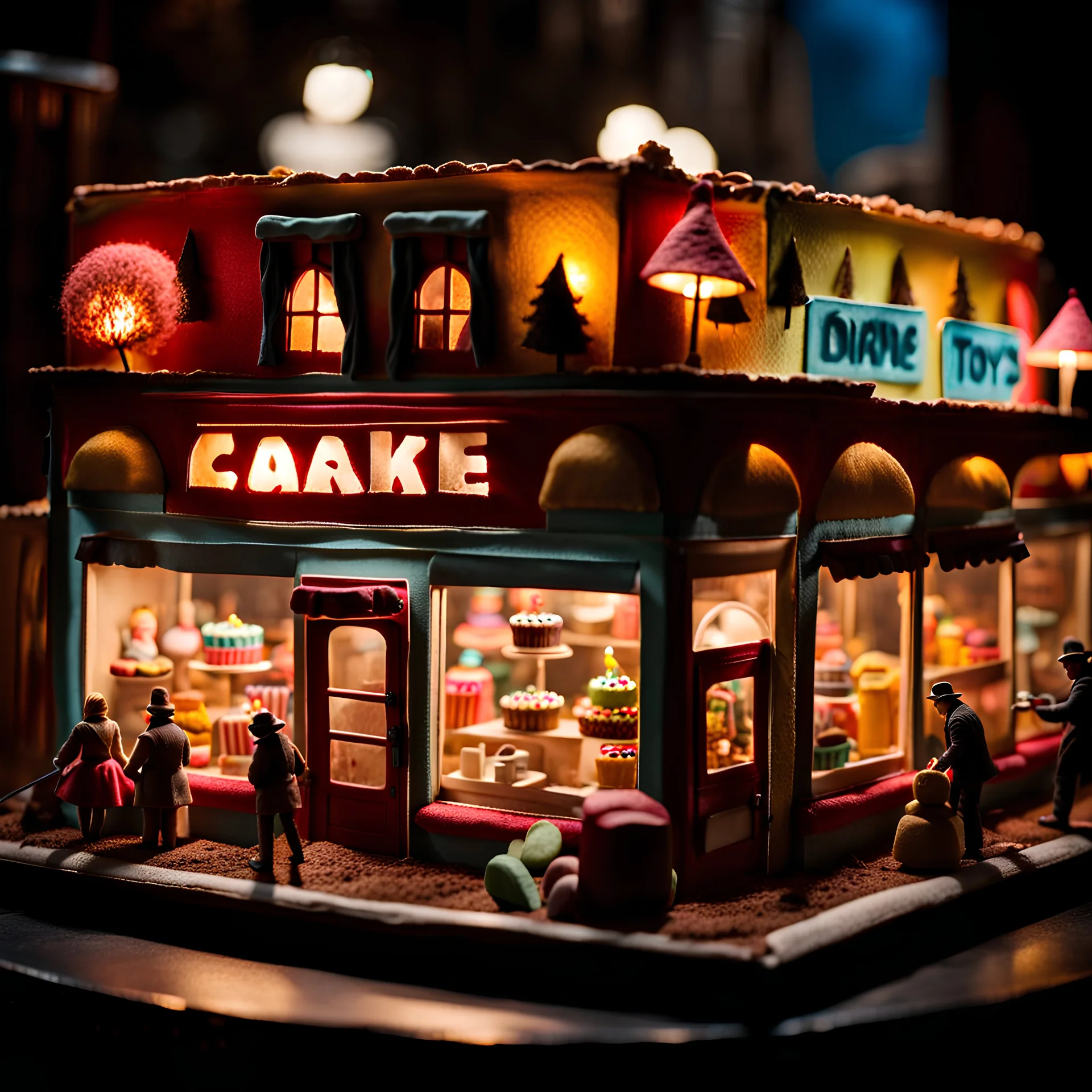 Close-up photograph of a diorama building, city, store, advertising, land-of-toys with detailed vintage toys made of cake-frosting and felt, strong texture, extreme detailed, movie shot, rich moody colors, night, nightmare