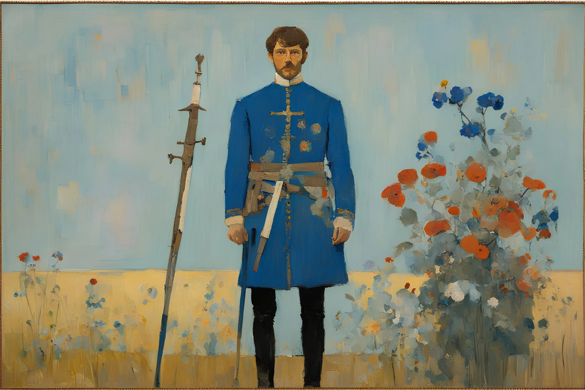 Euan Uglow oil painting, Otherworldly, 1970s tufting tapestry the knight of blue and flowers standing with his weapon posing for painting