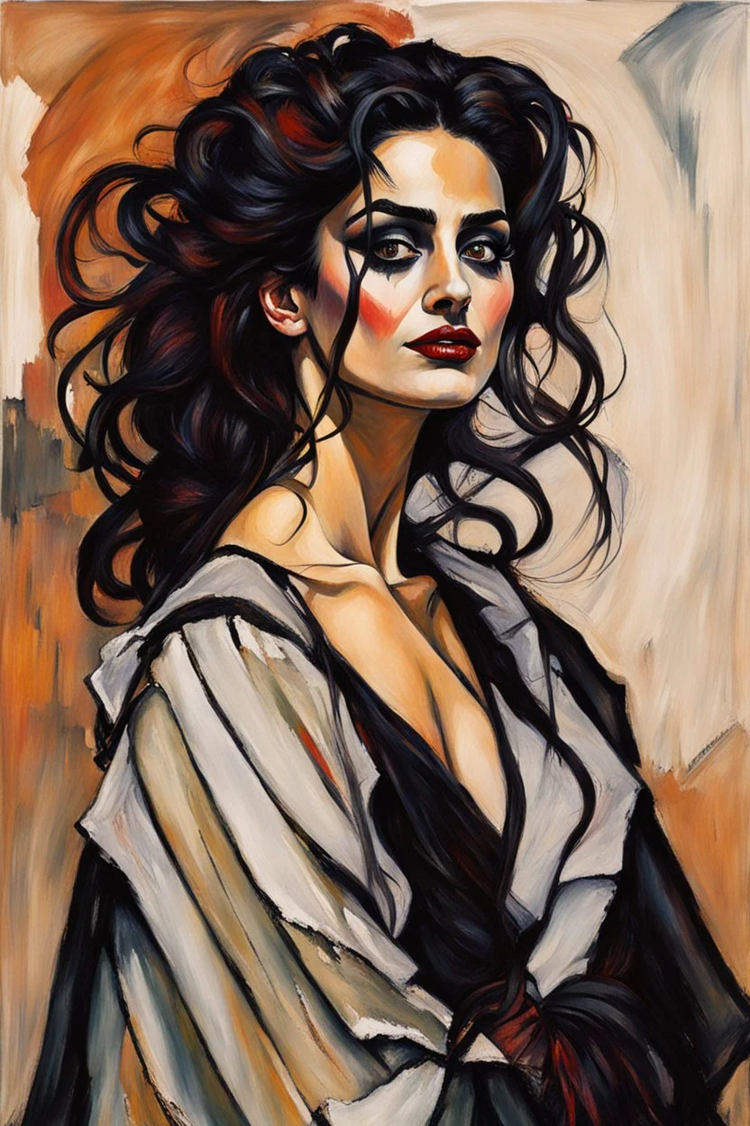 Painting of Penelope Cruz as a Goth vampire girl, in the Expressionist style of Egon Schiele, Oskar Kokoschka, and Franz Marc, in muted natural colors