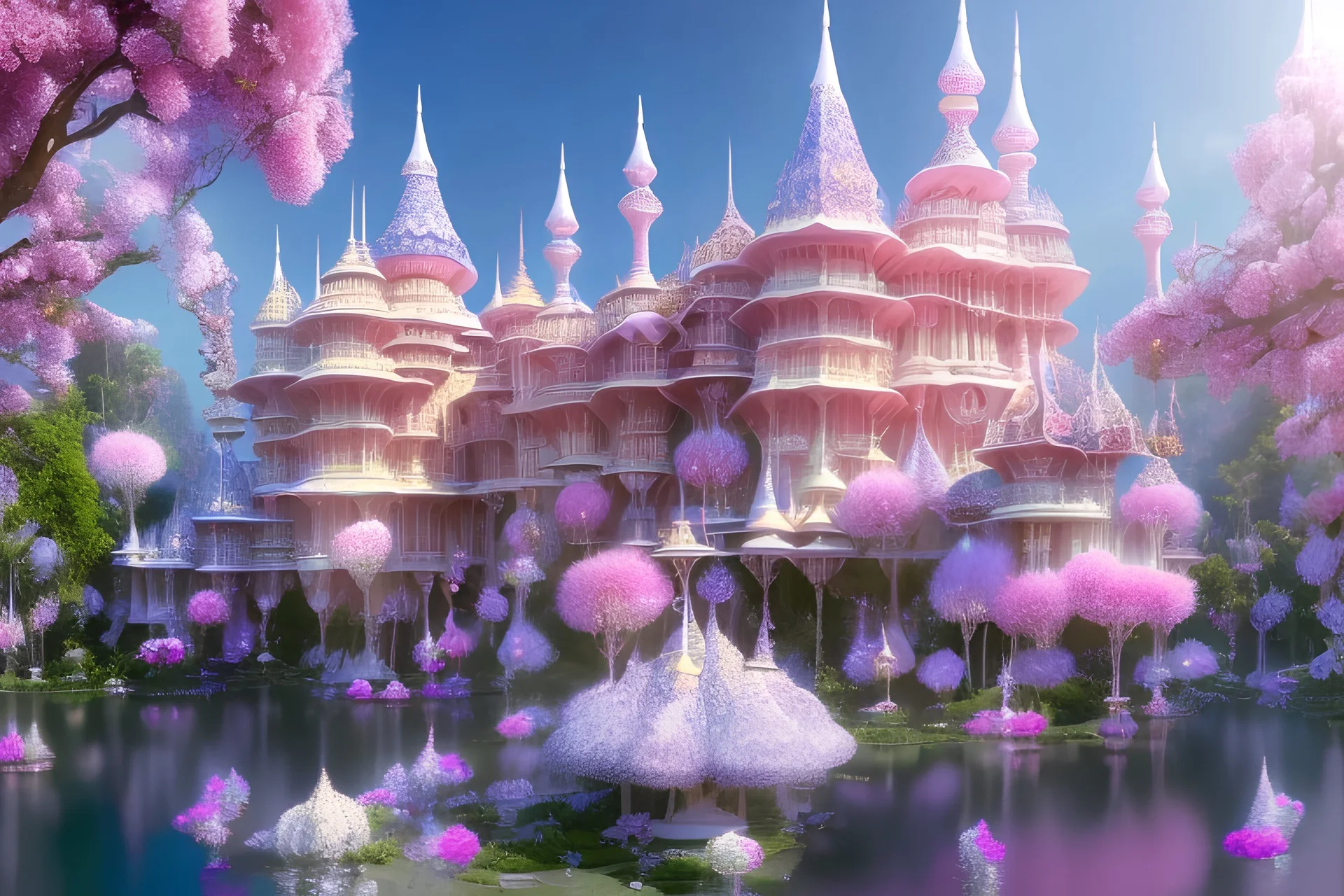 a magical crystal flower lys bougainvillier, blue gold house indian palace castle in the woods, magnolias pink,blue lake,sun,white swanns,pink vertical, blue lake,sharp, vines, candlelit, endor, ornate, elegant, highly detailed, artstation, concept art, smooth, sharp focus, illustration, 8k, splash art, wallpaper, key visual