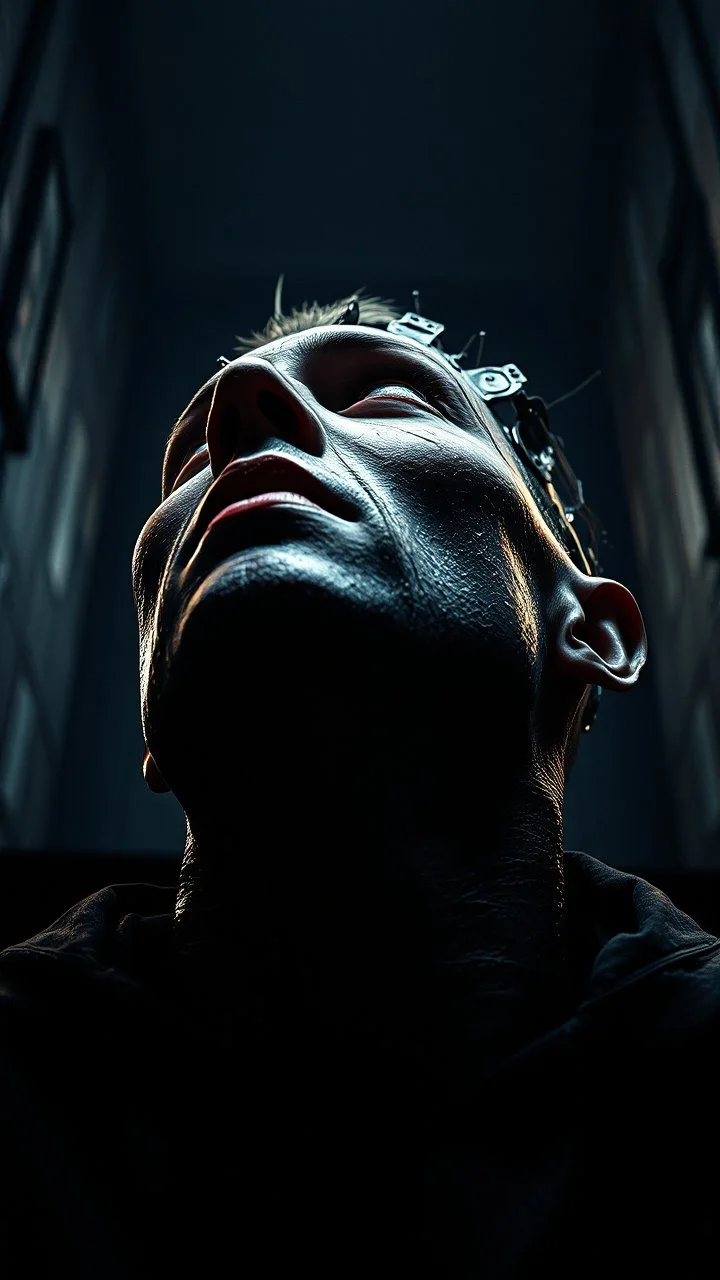 Busch painting style nightmare, a zoomed view of a man looking up man his head is a broken metallic skin texture in a 3d rendering full-height image of a grim and dark scene. Ensure the final images exhibit the utmost quality, encompassing 4K, 8K, and 64K resolutions, with 3D rendering that manifests in photorealistic, hyperrealistic, and highly detailed representations. Employ techniques such as HDR, UHD,