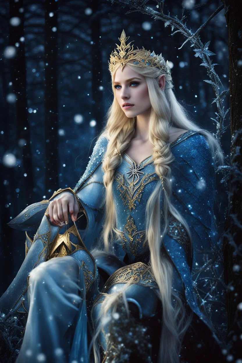 Elven princess,elven crown,long blonde golden hair,rapunzel hair,ice flowers,beautiful,light blue,dark blue,golden armor,sparkle,glitter,ice flowers,snow,elven ears,dark fairy princess