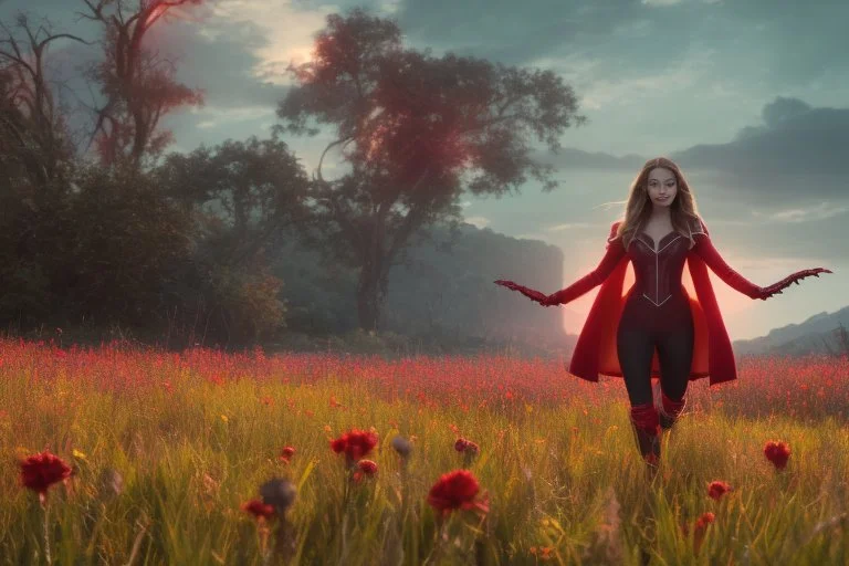 Feiticeira escarlate, Elizabeth Olsen, feiticeira, magia, bonita, cenário em um campo de flores, cinematográfico, dramático, por do sol, campo de flores, cores frias