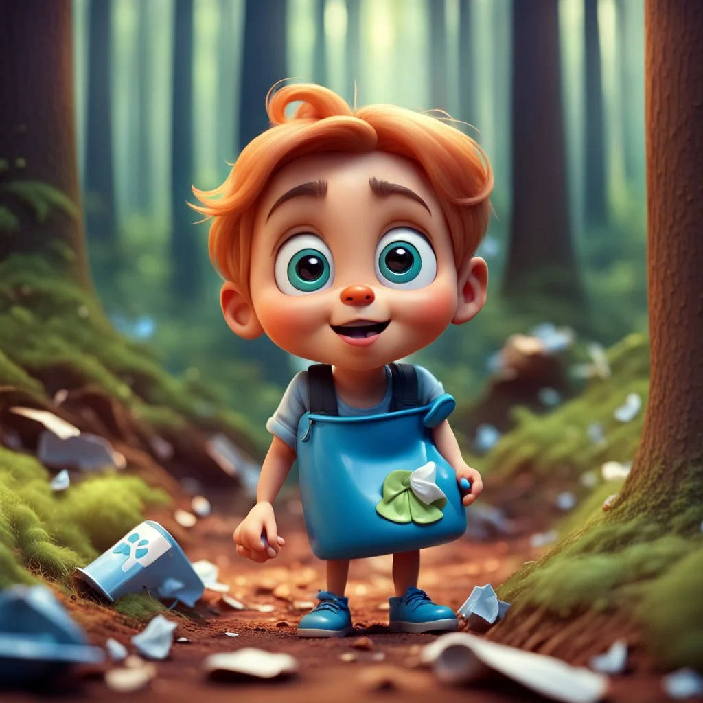 a very little Cute Figure, with cute face, collects trash in the forest, pixar, disney style