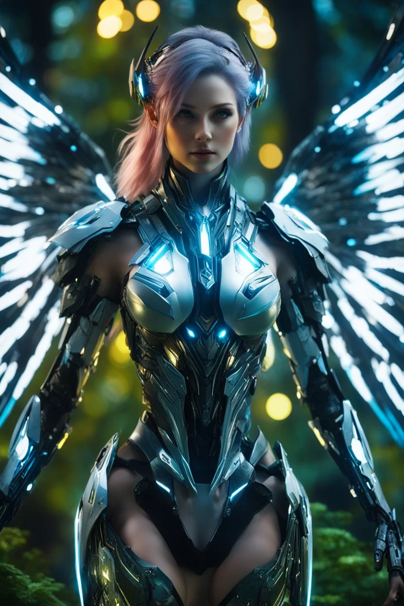 Close up Facing Front night Photography Realistic High Details,Natural Beauty,Beautiful Angel Pretty woman cyborg cybernetic ,futuristic warframe armor,wings ,in Magical Forest full of lights colors,glowing in the dark, Photography Art Photoshoot Art Cinematic Soft Blur Colors