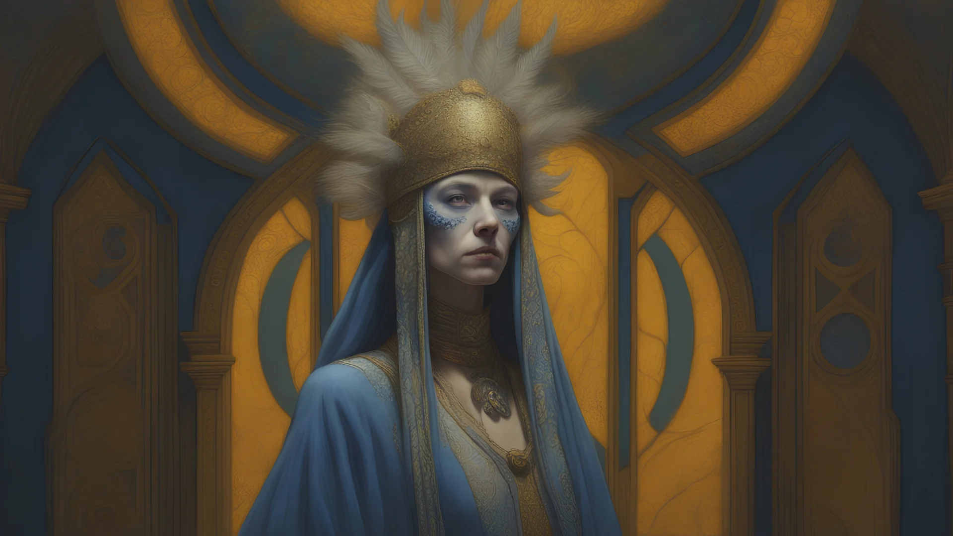 70s, woman wearing colorful Death day face paint., painting by Donato Giancola and John Bauer and Vermeer, embroidered velvet, iridescent beetles, rich color, ornate headdress, flowing robes, lost runes, ancient civilizations,featured on Artstation, cgisociety, unreal engine, navy blue, white and bold yellow color scheme, splitlight effect, profesional photography, hard shadows, high contrast, style photography, analog style, vintage colors, xprocess